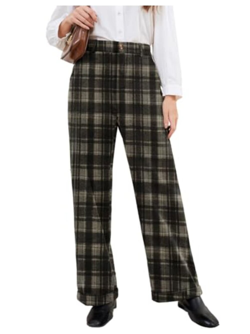 Women Stretchy Plaid Pants High Waisted Wide Leg Dress Pants Fleece Trousers